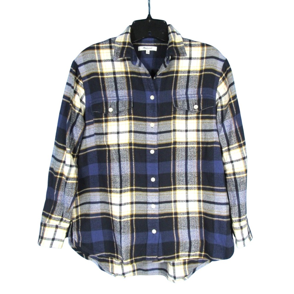 MADEWELL Navy Blue FLANNEL FLAP-POCKET Button-Up PLAID Oversized SHIRT/TOP XS